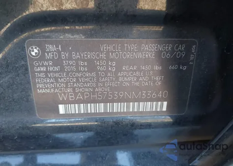 2009 BMW 328I z USA, uszkodzony, nr VIN WBAPH57539NM33640